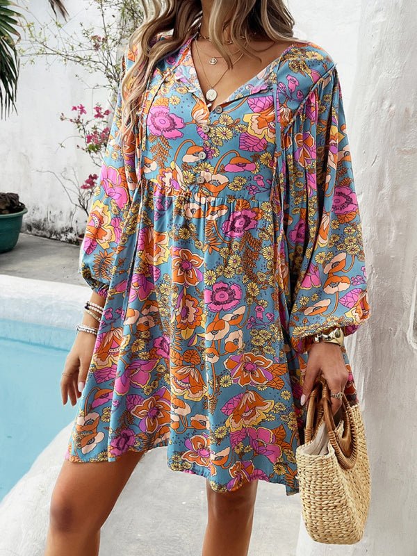 New V - neck loose casual full - body printed dress - Casual Dress